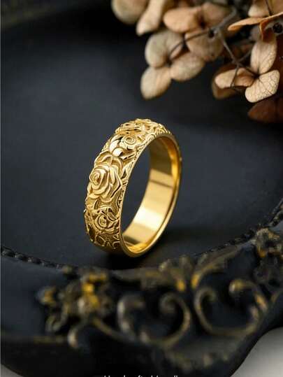 1 pieza Anillo de banda ancha dorada con tallado floral exquisito, perfecto para uso diario y de fiesta, estilo unisex (sin caja)