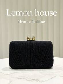 1 pièce Sac de soirée boîte plissé noir scintillant avec sangle en métal. Sac à main élégant de mode, convient pour les occasions formelles, les fêtes, les mariages. Cadeau idéal pour les femmes. - Noir - Voir 2