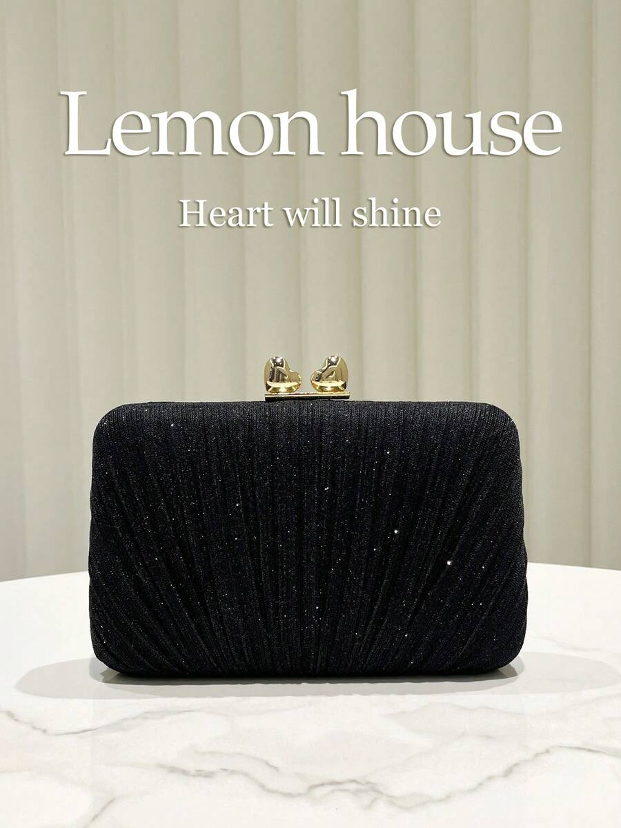 1 pièce Sac de soirée boîte plissé noir scintillant avec sangle en métal. Sac à main élégant de mode, convient pour les occasions formelles, les fêtes, les mariages. Cadeau idéal pour les femmes.