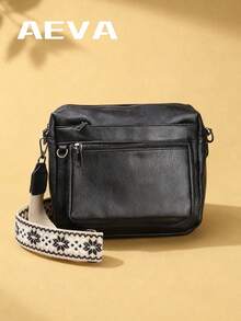 Bohemian Style Women's Shoulder Bag, Multi-Pocket Zipper Closure, Retro Elegant Street Fashion Crossbody Bag, Lightweight Outdoor Portable Square Bag, Fits Phone, Camera, Coins, Cosmetics, Casual Chic Handbag, Soft Solid Color Minimalist PU Leather, Polyester Lining, Suitable For Travel, Vacation, Party, Business, Mommy Bag, Detachable Shoulder Strap - Black - View 5