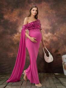 Irresista Vestidos de noche formales de maternidad con parches de unicolor, asimétricos/asimétricos, con parches de lentejuelas y cremallera - Rosa Fucsia - Ver 1