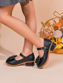 女童时尚黑色蝴蝶结珍珠装饰粗跟礼服鞋，优雅大方，适合婚礼、派对、节日等场合，适合幼儿、小女孩和大女孩。 - 黑色 - 查看 4