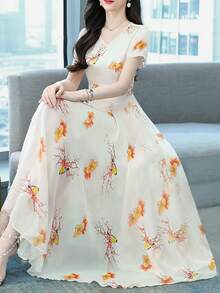 Đầm maxi dài tay ngắn cổ chữ V in hoa thanh lịch dành cho nữ, thích hợp cho mùa hè. - Màu be - Xem 1