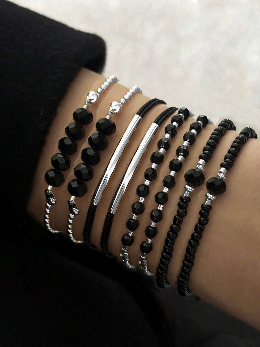 4 pièces/set Ensemble de bracelets noirs à la mode avec cristaux, fait main avec perles. Cadeau de bijoux convenant aux femmes pour porter en vacances et aux fêtes - Multicolore - Voir 1