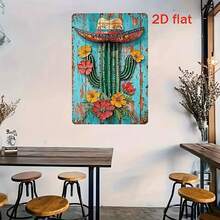 Cartel de metal con sombrero de paja vintage y cactus para el festival del Eid. Señal de metal multiusos adecuada para entornos interiores y exteriores, perfecta para cafés, bares, jardines, restaurantes, dormitorios y salas de estar. Diseño de montaje en pared, tamaño: 11.8 pulgadas X 7.87 pulgadas - Multicolor - Ver 6