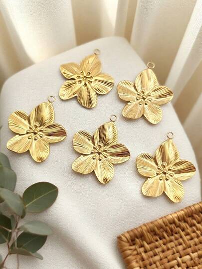 5pcs Elegant Minimalist Floral Jewelry Accessories, 18K Gold Plated Stainless Steel Necklace Pendant, DIY Jewelry Supplies