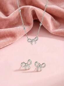 1 Set Elegant Stainless Steel Gold Butterfly Pendant Necklace, Bracelet, Earrings, Ring Jewelry Set, Suitable As Daily Wear Accessories Gift For Girls - Silver - View 9