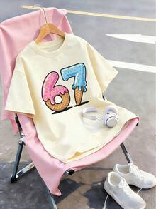 Tween Girl Ice Cream Cartoon "67" Print T-Shirt, Soft And Comfortable Fabric, Fashionable Summer Top, Suitable For Daily, Streetwear, And School Wear - Apricot - View 3