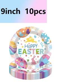 10pcs Easter Bunny & Egg Theme Party Supplies, Including Plates, Cups, Napkins, Camping/Travel Essentials, Birthday, Wedding, Banquet - Multicolor - View 9