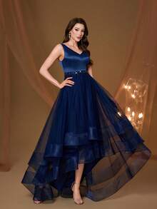 Mgiacy New V-Neck Elegant Plus Size Puff Dress Pearl Decor Mesh Long Dress, Summer Wedding Party - Blue - View 4