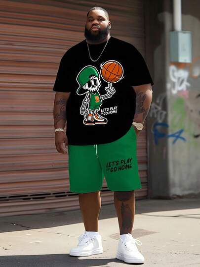 2 piezas Conjunto de camiseta y pantalones cortos con gráfico de calavera para tallas grandes | Camiseta negra y pantalones cortos verdes con el lema "¡JUGUEMOS O VÁMONOS A CASA!", estilo callejero americano