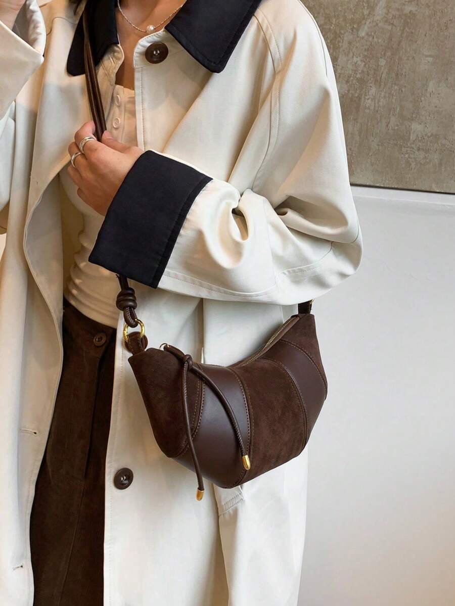 High-End Ox Horn Chic Small Bag Suede Crossbody Bag New Fashionable Versatile Shoulder/Underarm Dumpling Bag, Suede Purse , New Year - 棕色 - 查看 1