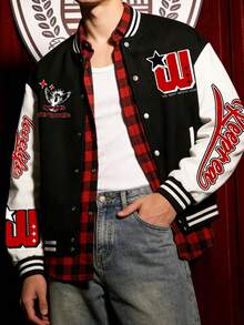 Men's Printed Pattern Casual Baseball Jacket, Varsity Jacket, Boyfriend Gift, Unisex, Spring/Autumn - Black - View 3