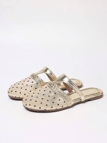 Random Asymmetric Dot Print Floral Pattern Splice T-Strap Flat Round Toe Comfortable Versatile Vacation Casual Daily Fashion Women Sandals - Gold - View 3