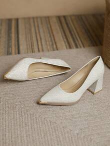 2026春季新款尖头高跟鞋，优雅简约时尚女士粗跟鞋 - 銀色 - 查看 5