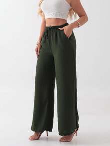 Women's Wide-Leg Pants In Duna Fabric With Elastic Waistband, Loose Fit, With Pockets, Summer, Spring, Casual, Simple, Vacation Style - 軍綠色 - 查看 6