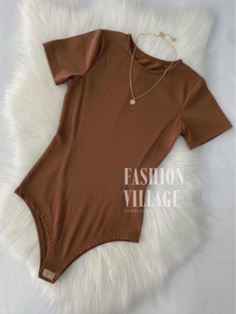 Women's Crew Neck Bodysuit In Spandex, Summer Blogger Style 2025 - Óxido marrón - Ver 1