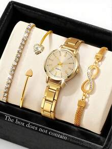 4件套女士玫瑰金不锈钢表带，时尚休闲经典阿拉伯数字表盘石英表，搭配钻石心形手链首饰套装，适合日常佩戴、装饰、送礼或节日礼物。 - 金色 - 查看 5