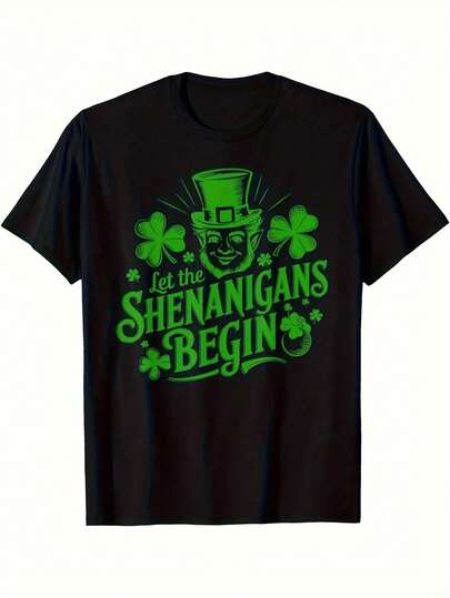 Black Plus Size T-Shirt Adorned With Vibrant Green Dwarf Demon And Clover Pattern - "Let The Prank Begin" Text, Using Playful Floral Fonts And Radial Lines Design, Perfectly Fitting The St. Patrick's Day Celebration, Comfortable To Wear