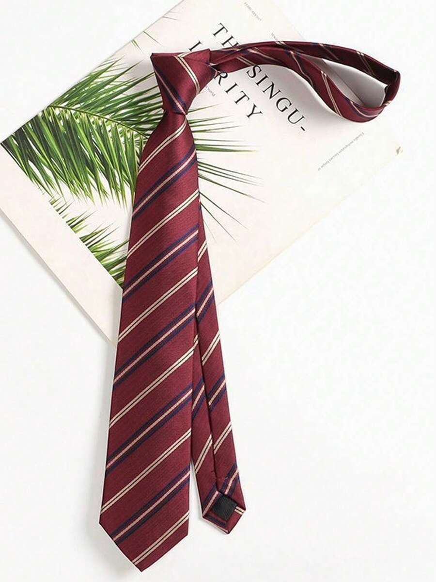 1pc Women's Necktie, Striped Collegiate Style Casual Necktie, Maroon - Burgundy - View 1