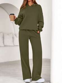 Womens Sweatsuits 2 Piece Set Casual Winter Long Sleeve Hoodie Loose Wide Leg Sweatpants Fall Tracksuit Spring Fall Clothes For Women Valentine Vacation Outfits Women - xanh quân đội - Xem 6
