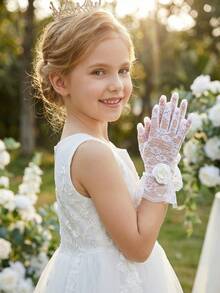 1 par de guantes de encaje floral para niñas de 4 a 12 años, guantes de encaje ultra suaves y elásticos, adecuados para bodas, concursos de belleza, niñas de las flores, actuaciones de baile y accesorios de fotos de princesa de cumpleaños - 1Pair - Ver 10