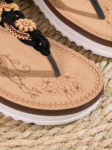 女士时尚波西米亚风凉鞋，休闲百搭，适合度假、派对、海滩，厚底人字拖 - 黑色 - 查看 7