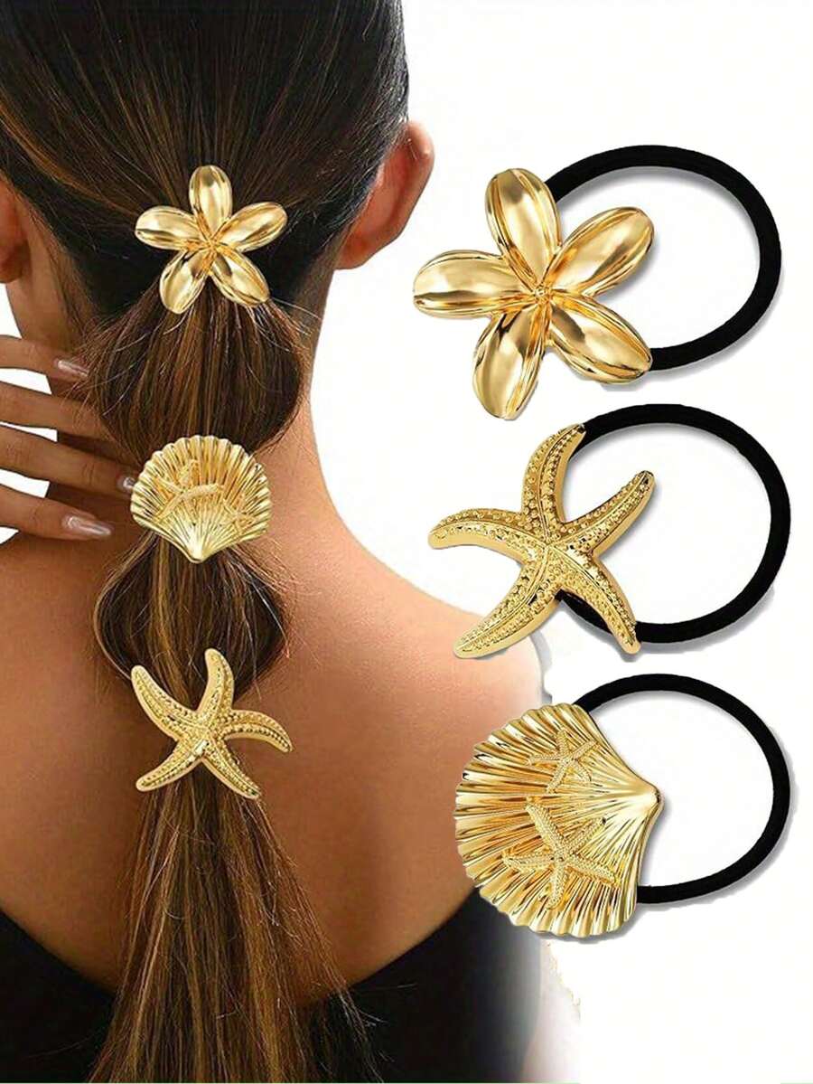 三件套金色发夹。金属发夹适合浓密头发。优雅的几何设计。金色发饰富有弹性，不会损伤发圈。三种海洋图案可选。发型设计，简约发圈，优雅造型。高品质发夹。多件包装。浓密头发的理想解决方案。时尚女性必备。橡皮筋，发圈，发绳弹力带 - 彩色 - 查看 1