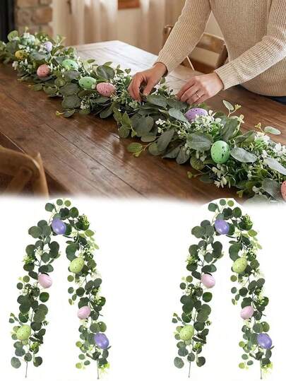 1pc Easter Rattan Wreath With Colorful Eggs & Eucalyptus Design, Suitable For Easter Party Decoration, Porch, Staircase And Fireplace Decor, Birthday, Theme Party, Holiday Atmosphere Setting, Wedding, Dining Table Centerpiece