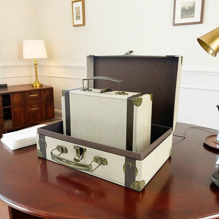2pcs Vintage Design Handheld Storage Box Set, Paper Handled Storage Box With Vintage Distressed Design Elements, Lid And Latch Closure, Ideal For Jewelry, Accessories, Memorabilia Storage And Gifting For Holidays, Weddings, Parties