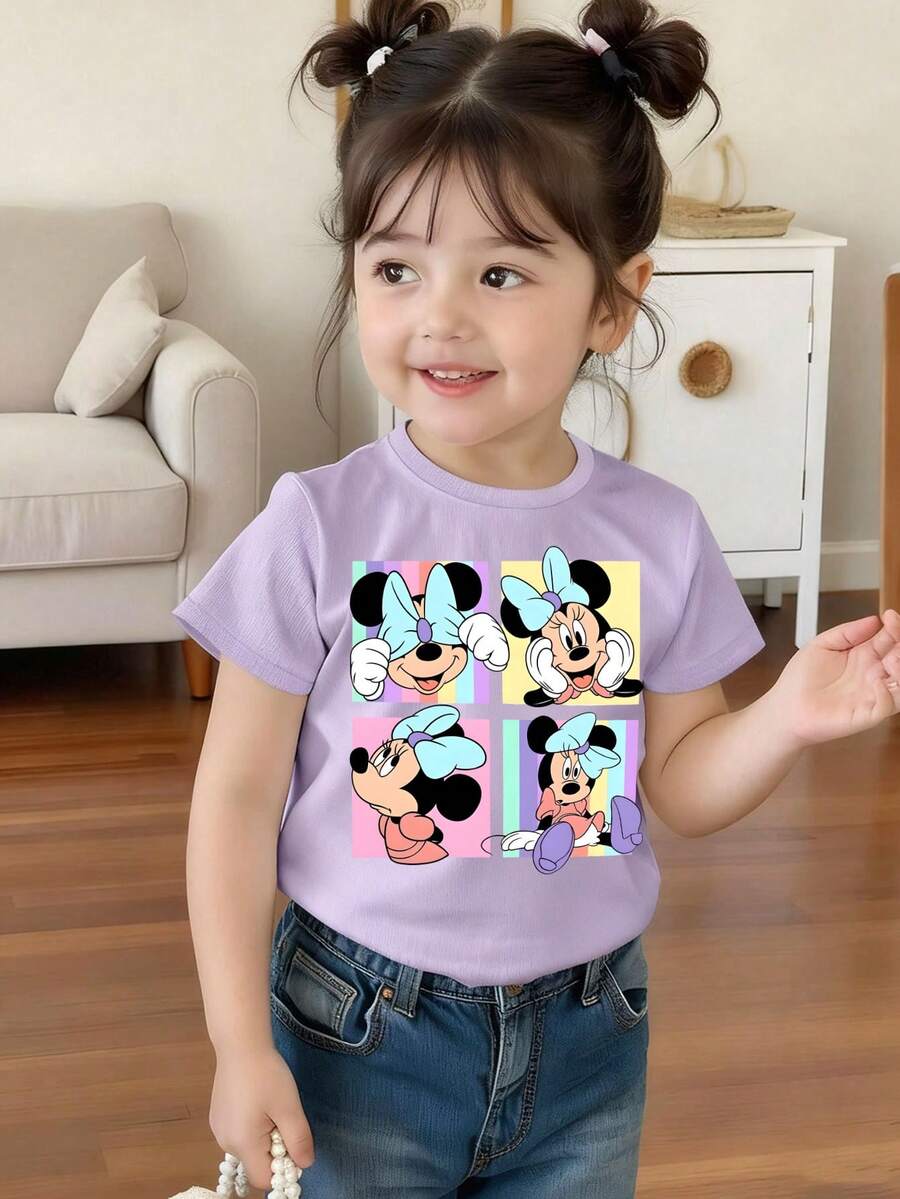 Disney Light Purple Background Minnie Mouse Four-Panel Colorful Expression Print Kids' Short Sleeve T-Shirt - Sweet And Adorable Casual Top - 淡紫色 - 查看 1