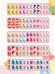 NAIO 120片装（5种款式）儿童小号按压式假指甲，亚克力材质，全覆盖，彩虹爱心可爱卡通亮面按压式假指甲套装，短款椭圆形假指甲套装，按压式美甲装饰礼品，附赠3卷胶带和3把指甲锉等美甲用品。 - 彩色 - 查看 10