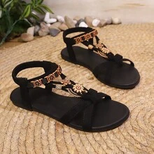 Sandalias planas para mujer Sandalias planas de moda para mujer tallas grandes. Novedad de verano. Sandalias planas elásticas de playa para mujer bohemia. - Negro - Ver 6
