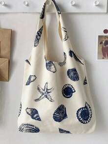 1pc Large-Capacity And Cute Canvas Bag, Simple Shoulder And Hand-Held Printed Canvas Bag, Featuring Seashell And Starfish Patterns. It Can Be Used As A Cosmetic Bag, A Multi-Functional Storage Bag, A Cute Large-Capacity Student School Bag - Multicolor - View 14