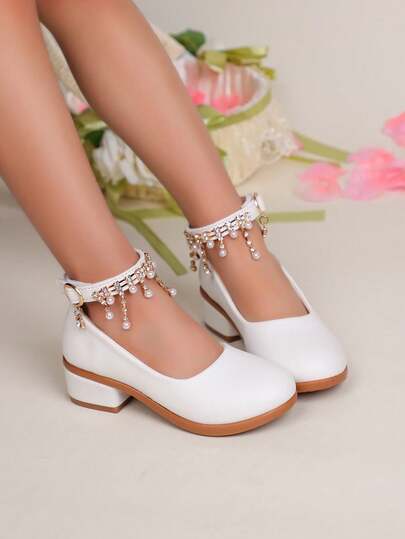 1 Pair Glamorous Gold Color Girls' Heeled Shoes, Decorated With Pearl Accents On Ankle, Suitable For Parties And Daily Wear