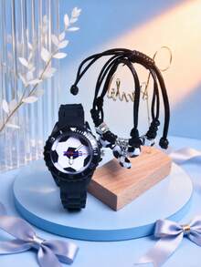 3件套男士礼品，2026新款足球运动手表，柔软硅胶表带石英腕表，可调节编织绳手链 - 黑色 - 查看 5