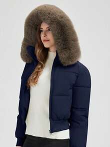 Abrigo de plumas para mujer 2026 invierno nuevo chaqueta acolchada abrigo cortaviento con cintura ajustada para clima frío ropa de mujer pequeña y gruesa - Azul Marino - Ver 2