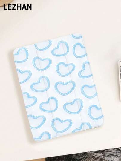 1pc Blue Heart Design Flat Tablet Protective Case With Pencil Slot, Shockproof, Tri-Fold Tablet Stand Protective Shell, Compatible With IPad 10.2", IPad Pro 11" 2021/2020/10th Gen, IPad (A16) 11" 11th Gen 2025, IPad 8th/9th/10th Gen, Galaxy Tab A8 10.5" 2022, Matepad 10.4"/Tab, Romantic Gift