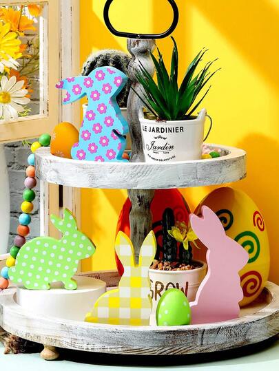 4件套复活节兔子木制装饰品，桌面兔子木制摆件，乡村风兔子摆件，春季兔子木制饰品，非常适合复活节装饰，复活节兔子餐桌装饰，带标签和绳子的兔子装饰，节日派对装饰，生日派对礼物