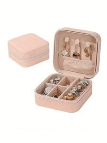 1pc Pink Jewelry Box, Mini PU 2-Layer Square Portable Zipper Jewelry Storage Box, Suitable For Rings, Earrings, Necklaces, Home Decor, New Year Gift, Birthday/Christmas Gift For Her, Summer Jewelry Organizer, Back To School Travel Accessory, Dorm Storage Essential - Pink - View 2