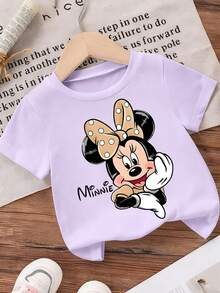 Disney Light Purple Background Minnie Mouse Polka Dot Bow Print Kids' Short Sleeve T-Shirt - Playful And Cute Casual Top - Màu tím hoa cà - Xem 3