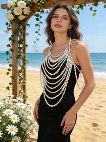 1pc Elegant Bohemian Handcrafted Multi-Layer Beaded Faux Pearl Body Chain - Ideal For Brides And Party Wear - White - View 23