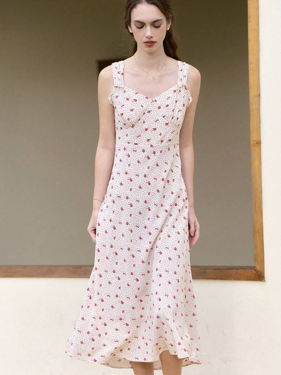 Simple Retro 女士休闲优雅波西米亚复古A字型长款连衣裙，胸部饰有荷叶边和褶皱，无袖细肩带领口，完美的夏季吊带裙 - 杏色 - 查看 1