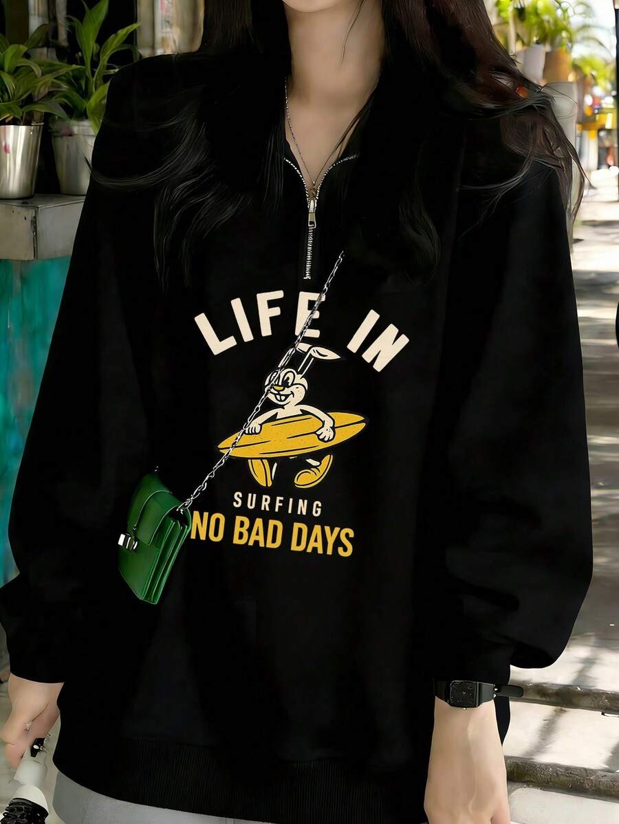Black Half-Zip Polo Collar Cartoon Print Sweatshirt For Women, Loose Casual Versatile Pullover Top, Autumn/Winter - Black - View 1