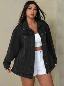 Plus Size Women's Black Stitched Decorative Loose Denim Jacket  Casual    Pocket  Button Front  Button    Holiday  School  Vacation  Home  Birthday Party  Daily    Autumn And Winter  Black Jeans  Lapel Loose Jacket  White Outline Element  Lapel Single-Breasted Retro Casual Jacket - màu đen - Xem 4