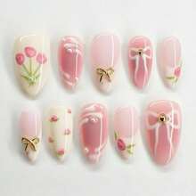 24pcs Cute Press On Nails Medium Almond Fake Nails With Gold Bow Pearl Designs White French Tip False Nails Pink Flower Acrylic Nails Kit Full Cover Stick On Nail For Women Nail Decorations - 彩色 - 查看 6