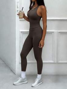 GAOVOT Women's Two Pieces Spring/Summer Sports Casual Sexy Neck Tank Top And High-Waisted Bodycon Pantsuit For Running Exercise Yoga Gym Clothes - Brown - View 11