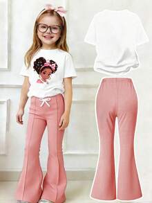 Toddler Girls' Cartoon Print Round Neck Short Sleeve Top And Flare Pants Set - White - View 2