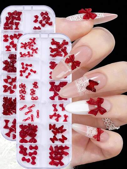 12 rejillas Mini decoraciones de uñas de lazo de resina 3D Moño rojo Año Nuevo Día de San Valentín Encanto de uñas Ornamento Gemas exquisitas Partes de manicura Decoración de arte de uñas, Herramientas de accesorios de uñas DIY para salón, Suministros de uñas, Gran regalo para uñas de mujer