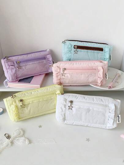 1pc Floral Lace Pencil Case, Cute High-Quality Student Stationery Organizer Bag, Portable Cosmetic Pouch